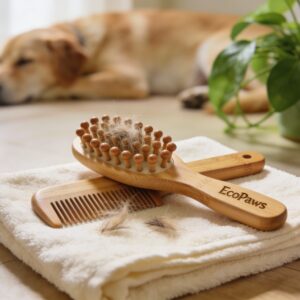 EcoPaws bamboo pet brush and comb set resting on a folded towel with a relaxed dog in the background