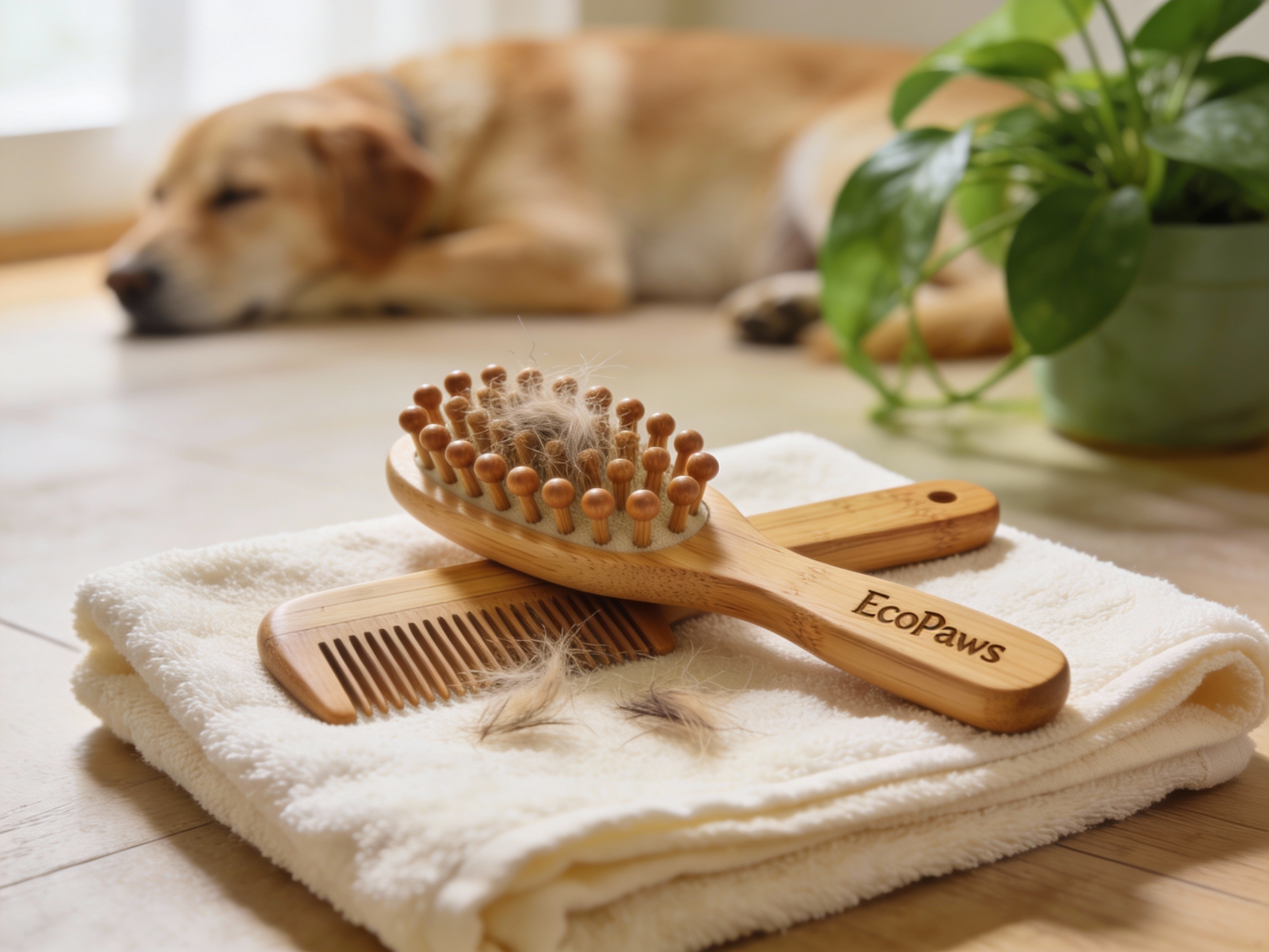 EcoPaws Bamboo Brush & Comb Set EcoPaws bamboo pet brush and comb set resting on a folded towel with a relaxed dog in the background