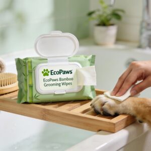 EcoPaws bamboo grooming wipes pack with a pet owner gently wiping a dog’s paw beside a bamboo brush