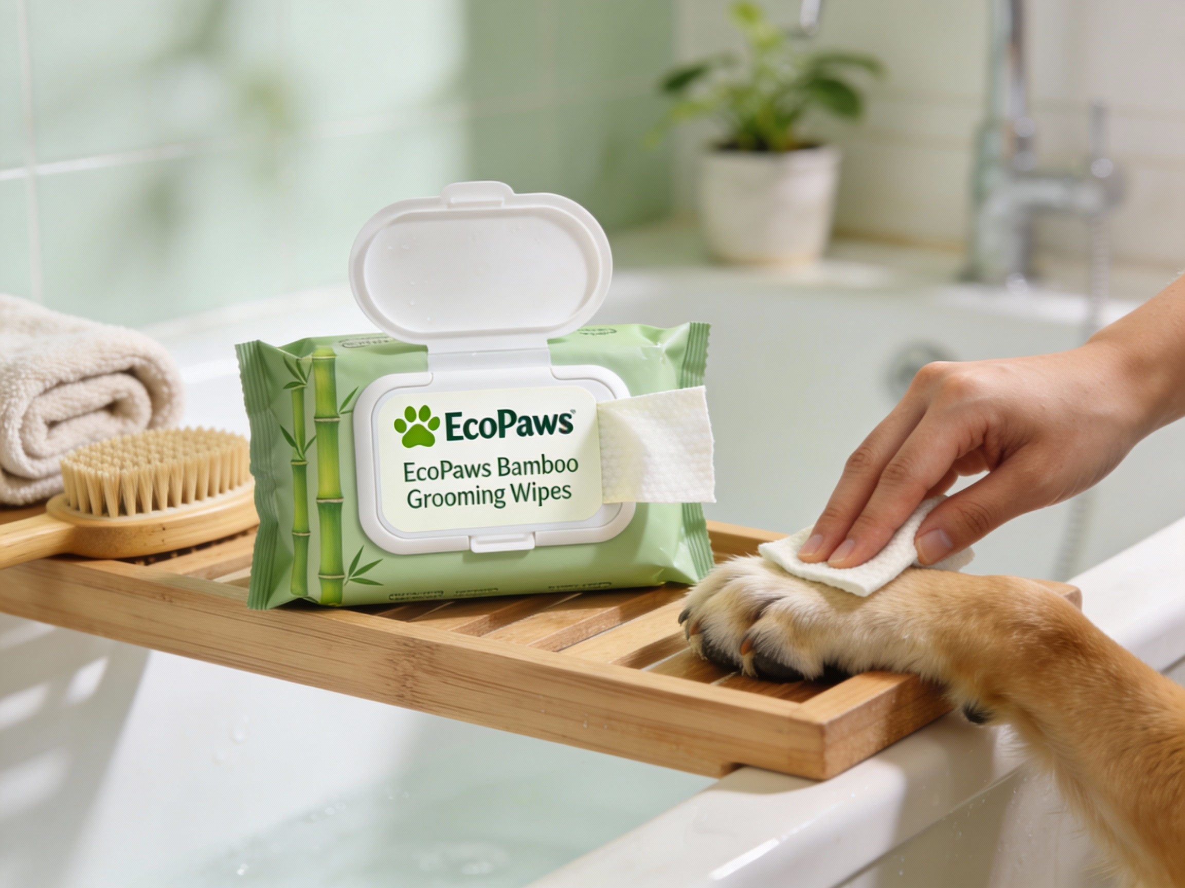 EcoPaws Bamboo Grooming Wipes EcoPaws bamboo grooming wipes pack with a pet owner gently wiping a dog’s paw beside a bamboo brush