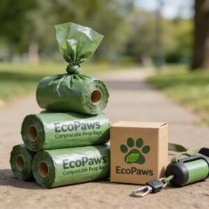 EcoPaws compostable dog poop bag rolls and dispenser on a park path beside a recyclable cardboard box