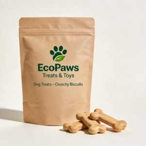 EcoPaws Dog Treats – Crunchy Biscuits in eco-friendly kraft pouch with bone-shaped biscuits.