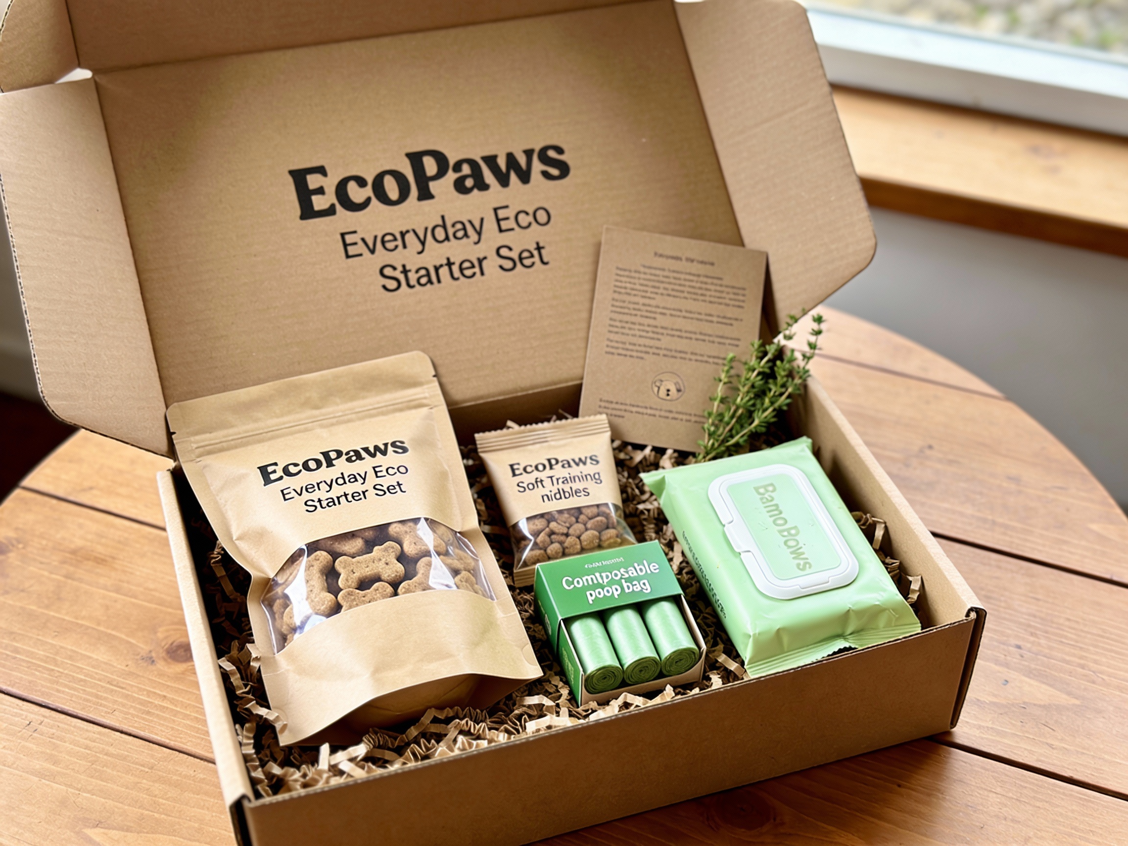 EcoPaws Everyday Eco Starter Set EcoPaws Everyday Eco Starter Set gift box open on a wooden table, showing eco treats, poop bags and grooming wipes nestled in recycled paper