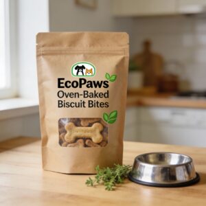 Oven‑baked EcoPaws dog biscuit bites in a kraft pouch with eco‑friendly packaging on a kitchen counter