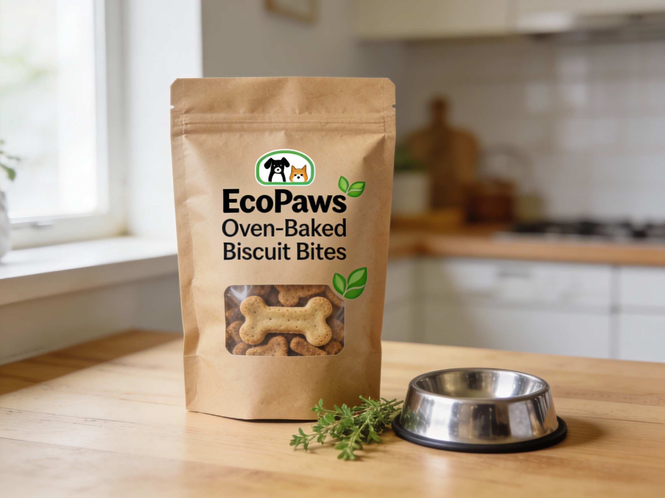 EcoPaws Oven‑Baked Biscuit Bites Oven‑baked EcoPaws dog biscuit bites in a kraft pouch with eco‑friendly packaging on a kitchen counter