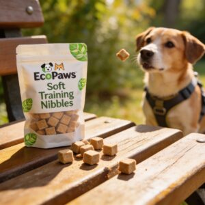 EcoPaws Soft Training Nibbles spilling from a recyclable pouch beside a dog lead during an outdoor training session
