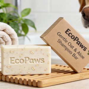 EcoPaws gentle oat and aloe dog shampoo bar on a bamboo soap dish beside a pet towel and plant