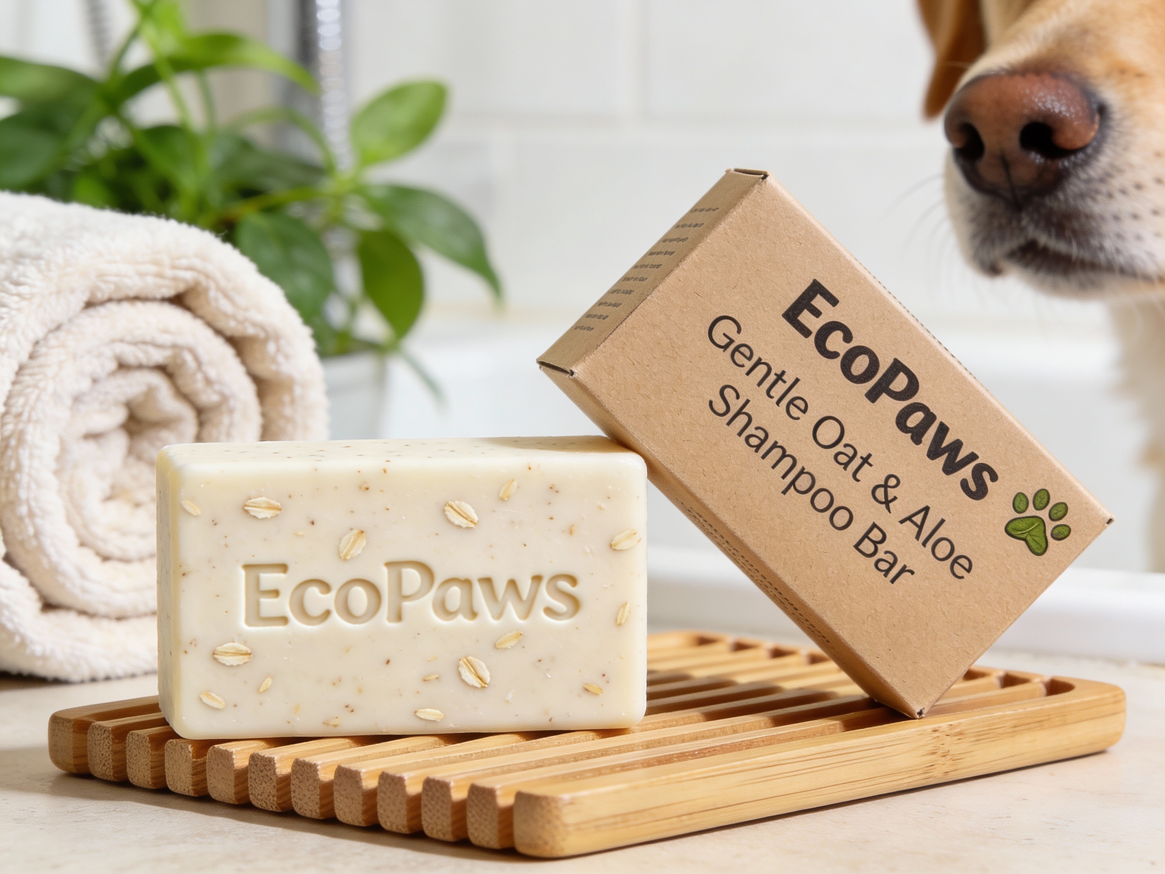 EcoPaws Gentle Oat & Aloe Shampoo Bar EcoPaws gentle oat and aloe dog shampoo bar on a bamboo soap dish beside a pet towel and plant