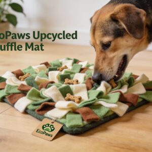 EcoPaws upcycled fabric snuffle mat with hidden treats and a dog sniffing among the fleece strips